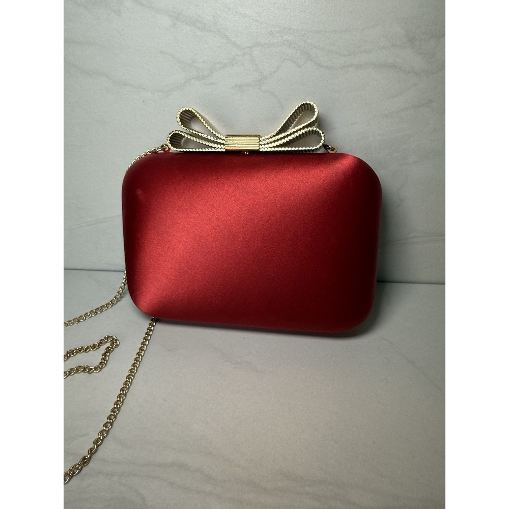 Talbots Red Satin Clutch Purse With Gold Bow Closure And Optional Gold Chain